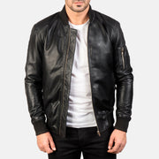 
Bomia Ma-1 Black Leather Bomber Jacket in Black Sheepskin Leather - Vooraanzicht & getailleerd silhouet | Online kopen