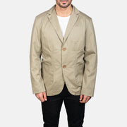 Close-Up Detail of Notch &amp; Button Hardware on Borges Beige Leren Blazer voor Heren