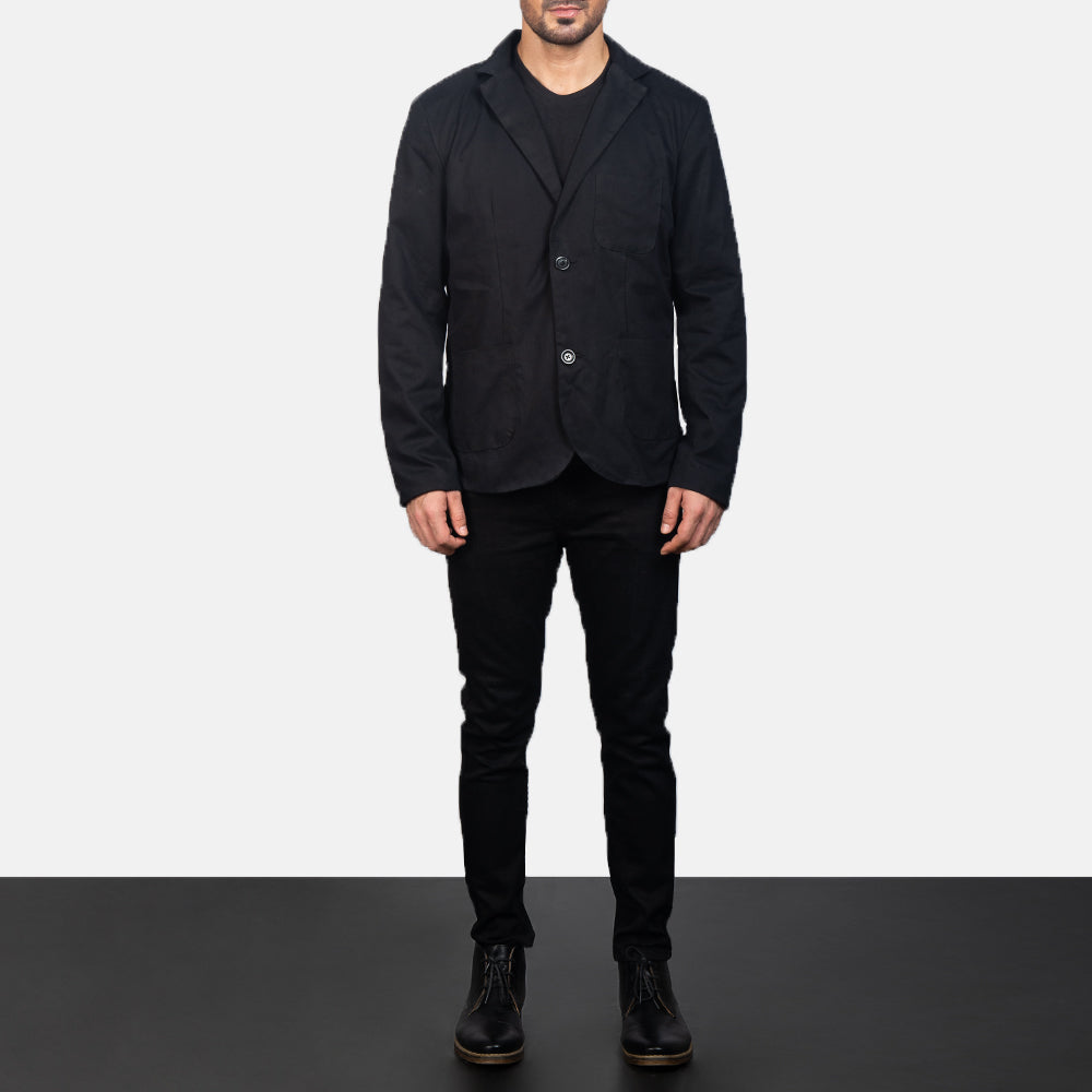 Borges Zwart Leren Blazer voor Heren - Lateral Side Profile View Showing Sleeve Cut &amp; Athletic Taper Fit