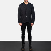 Borges Zwart Leren Blazer voor Heren - Lateral Side Profile View Showing Sleeve Cut &amp; Athletic Taper Fit