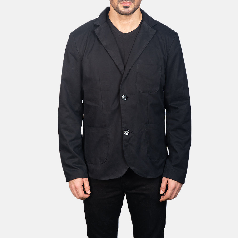 Close-Up Detail of Notch &amp; Button Hardware on Borges Zwart Leren Blazer voor Heren