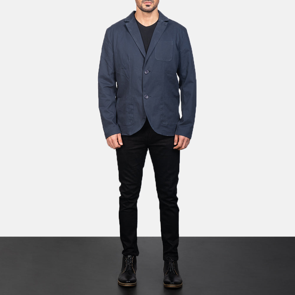 Borges Navy Blauw Leren Blazer voor Heren - Lateral Side Profile View Showing Sleeve Cut &amp; Athletic Taper Fit