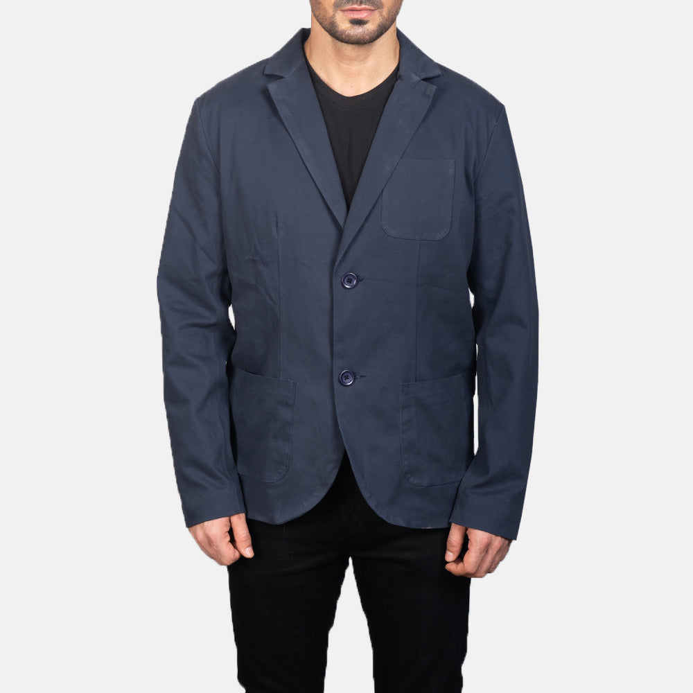Close-Up Detail of Notch &amp; Button Hardware on Borges Navy Blauw Leren Blazer voor Heren