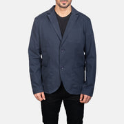 Close-Up Detail of Notch &amp; Button Hardware on Borges Navy Blauw Leren Blazer voor Heren