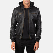 
Bouncer Biz Black Leather Hooded Bomber Jacket in Black Cowhide Leather - Vooraanzicht & getailleerd silhouet | Online kopen