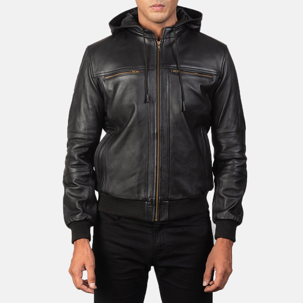 
Bouncer Biz Black Leather Hooded Bomber Jacket - Zijaanzicht met ergonomische mouwsnede