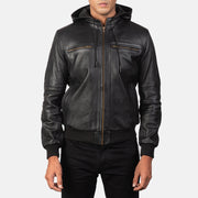 
Bouncer Biz Black Leather Hooded Bomber Jacket - Zijaanzicht met ergonomische mouwsnede