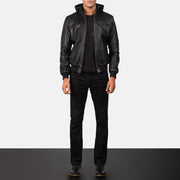 
Detailopname of Band & Zipper Hardware on Bouncer Biz Black Leather Hooded Bomber Jacket