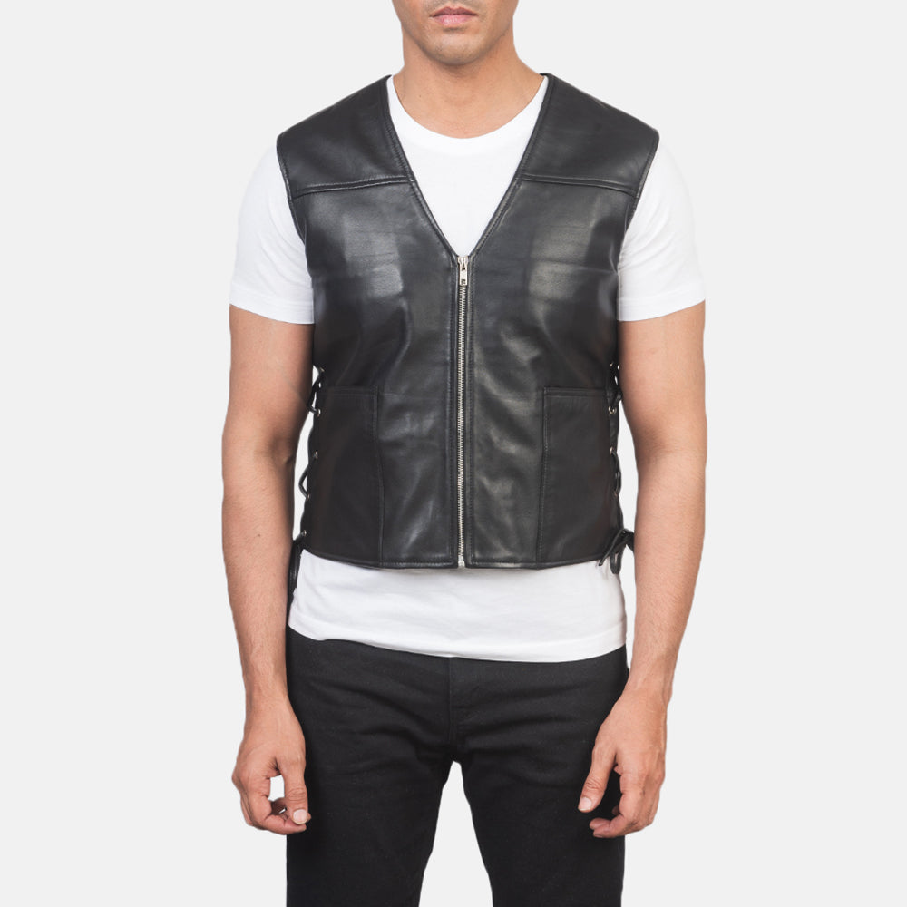 Close-Up Detail of Classic Collar &amp; Zipper Hardware on Men's Brandon Zwart Leren Gilet voor Heren
