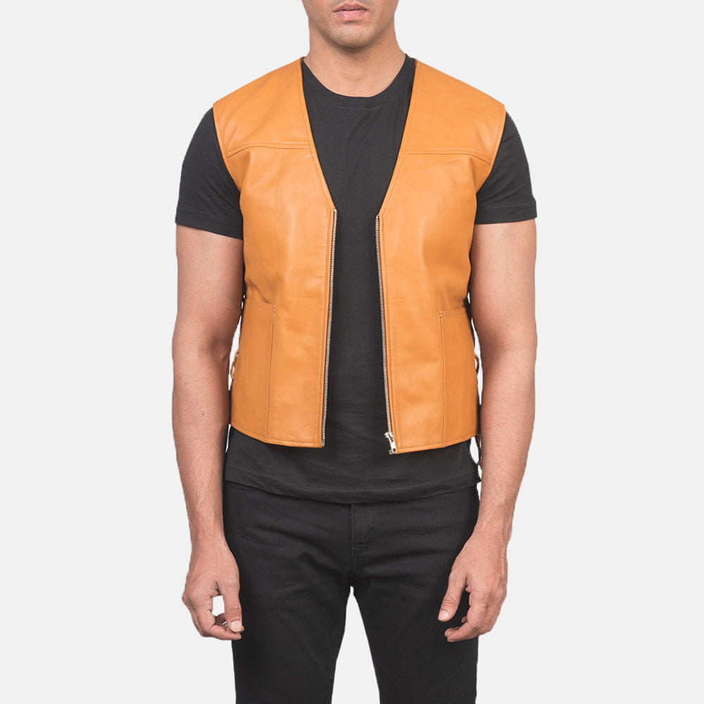 Men's Brandon Lichtbruin Bruin Leren Gilet voor Heren in Tan Brown Sheepskin Leather - Front Profile View &amp; Tailored Silhouette | Buy Online