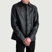 Bronco Zwart Leather Shirt voor Heren in Black Sheepskin Leather - Front Profile View &amp; Tailored Silhouette | Buy Online