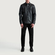Close-Up Detail of Shirt &amp; Buttons Hardware on Bronco Zwart Leather Shirt voor Heren