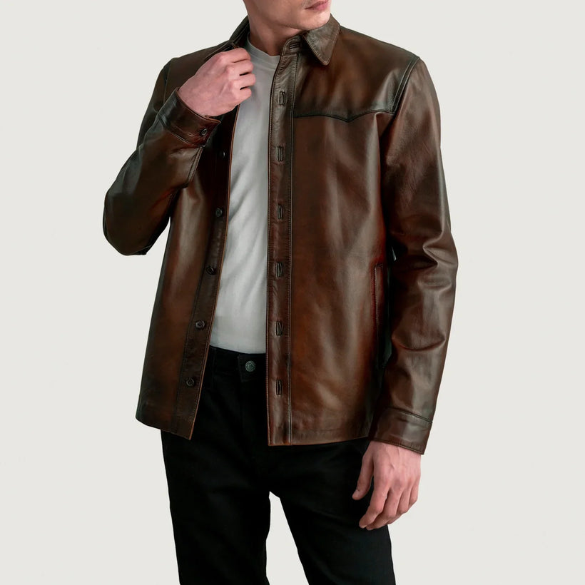 Bronco Distressed Bruin Leather Shirt voor Heren