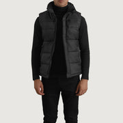 Bryan Zwart Puffer Vest voor Heren in Black Full-Grain Leather - Front Profile View &amp; Tailored Silhouette | Buy Online