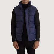 Bryan Blauw Puffer Vest voor Heren in Blue Full-Grain Leather - Front Profile View &amp; Tailored Silhouette | Buy Online