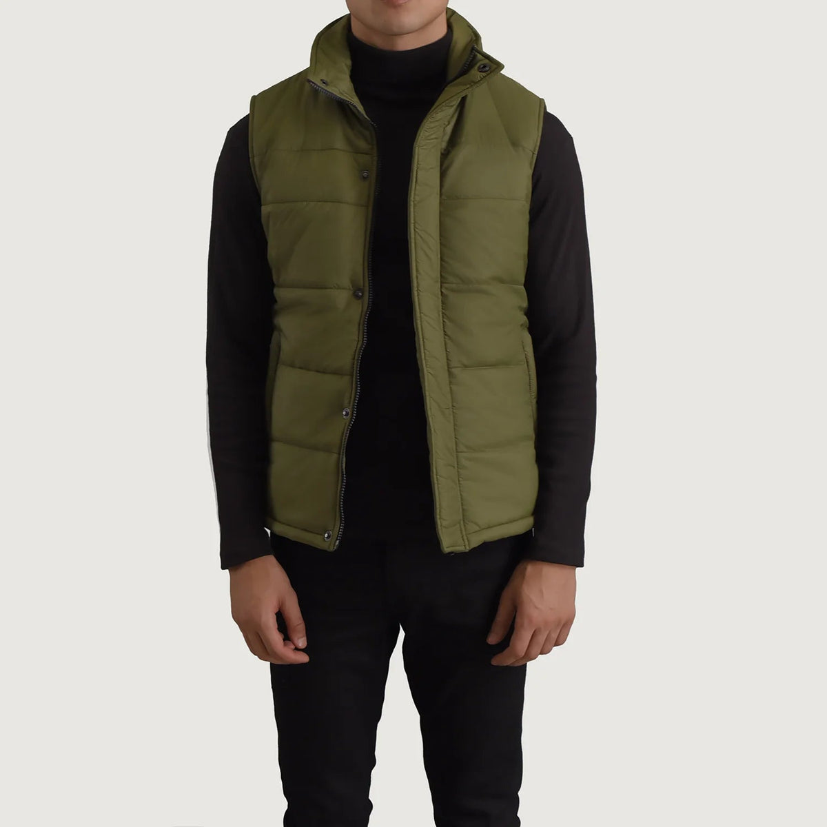 Bryan Groen Puffer Vest voor Heren in Green Full-Grain Leather - Front Profile View &amp; Tailored Silhouette | Buy Online