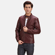 
Burgunn Dee Kastanjebruin Leren Bikerjack voor Heren in Maroon Sheepskin Leather - Vooraanzicht & getailleerd silhouet | Online kopen