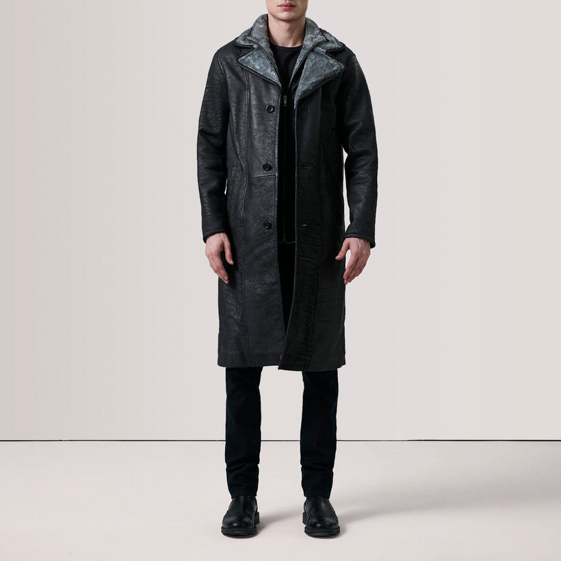 Cai Distressed Zwart Leather Shearling Leren Jas voor Heren