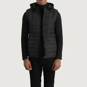 
Carlo Zwart Gewatteerde bodywarmer met capuchon voor Heren in zwart rundleer - Vooraanzicht & getailleerd silhouet | Online kopen