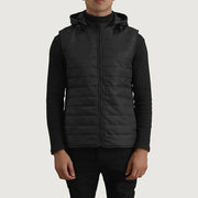 
Detailopname of Classic Collar & Zipper Hardware on Carlo Zwart Gewatteerde bodywarmer met capuchon voor Heren