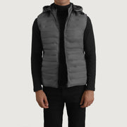 
Carlo Grey Gewatteerde bodywarmer met capuchon voor Heren in Green Full-Grain Leather - Vooraanzicht & getailleerd silhouet | Online kopen