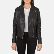 
Carolyn Quilted Black Biker Jacket in Black Goatskin Leather - Vooraanzicht & getailleerd silhouet | Online kopen