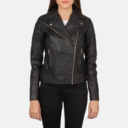 
Detailopname of Notch & Zipper Hardware on Carolyn Quilted Black Biker Jacket