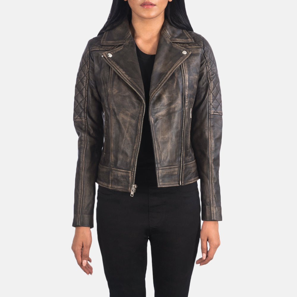 
Carolyn Quilted Distressed Brown Biker Jacket in Distressed Brown Goatskin Leather - Vooraanzicht & getailleerd silhouet | Online kopen