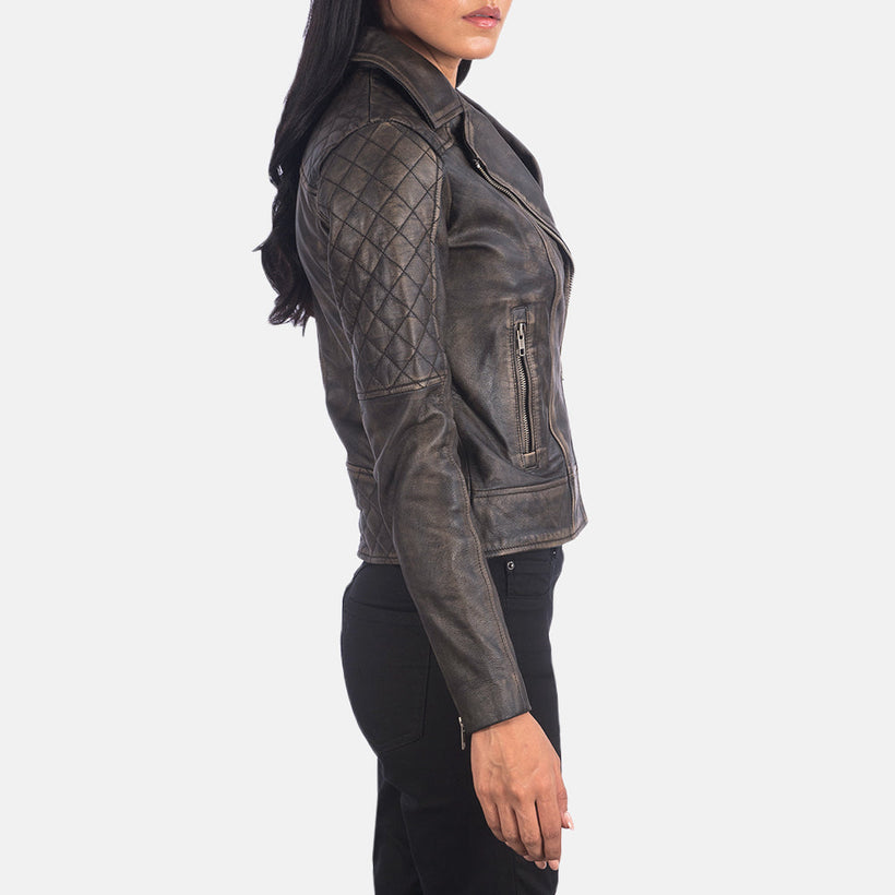 Carolyn Gewatteerd Distressed Bruin Leren Bikerjack voor Dames