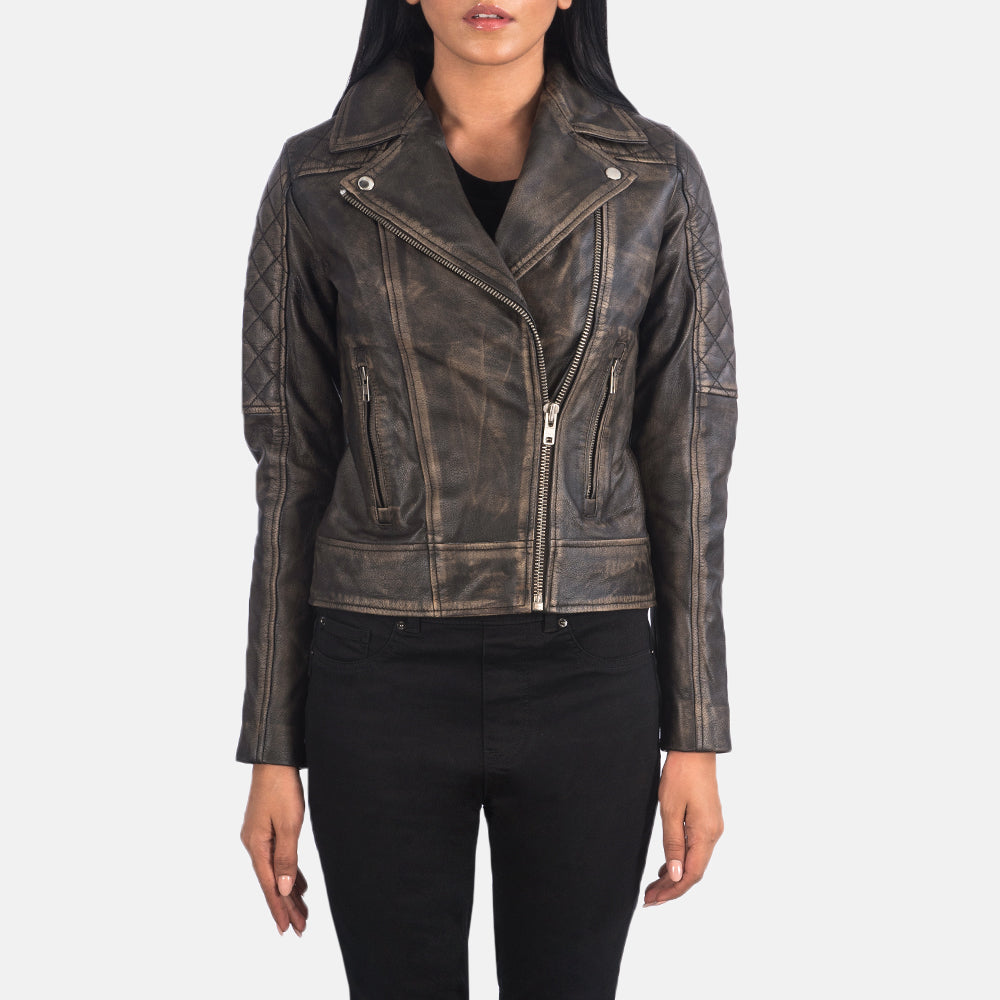 
Detailopname of Notch & Zipper Hardware on Carolyn Quilted Distressed Brown Biker Jacket