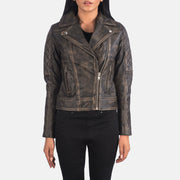 
Detailopname of Notch & Zipper Hardware on Carolyn Quilted Distressed Brown Biker Jacket