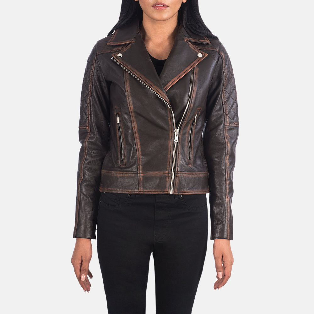 
Carolyn Quilted Vintage Brown Biker Jacket in Vintage Brown Goatskin Leather - Vooraanzicht & getailleerd silhouet | Online kopen