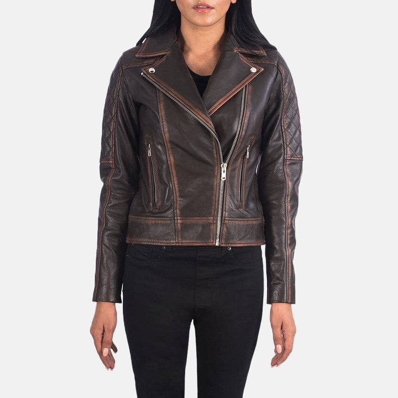 Carolyn Gewatteerd Vintage Bruin Leren Bikerjack voor Dames