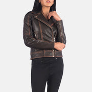 
Detailopname of Notch & Zipper Hardware on Carolyn Quilted Vintage Brown Biker Jacket