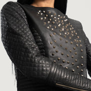 Women's Celeste Studded Zwart Leren Jas voor Dames - Lateral Side Profile View Showing Sleeve Cut &amp; Athletic Taper Fit