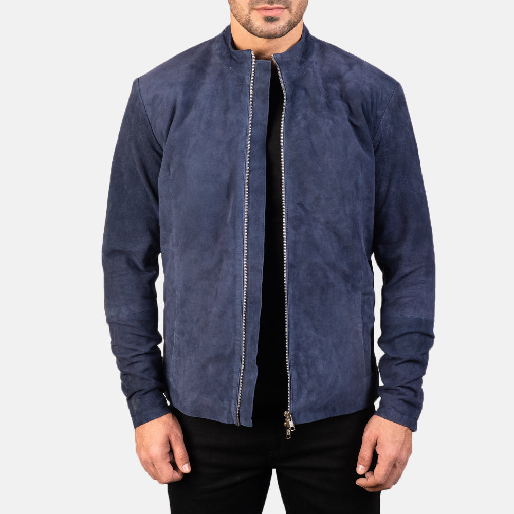 Men's Charcoal Navy Blauw Suede Leren Bikerjack voor Heren in Navy Blue Goatskin Suede - Front Profile View &amp; Tailored Silhouette | Buy Online
