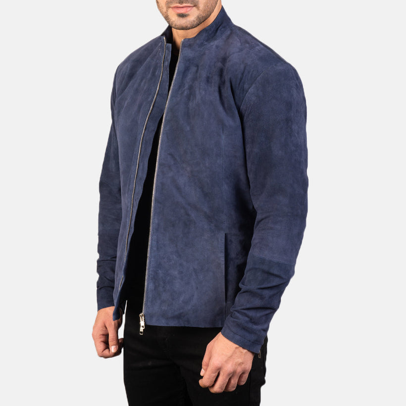 Charcoal Navy Blauw Suede Leren Bikerjack voor Heren