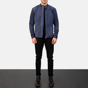 Men's Charcoal Navy Blauw Suede Leren Bikerjack voor Heren - Lateral Side Profile View Showing Sleeve Cut &amp; Athletic Taper Fit