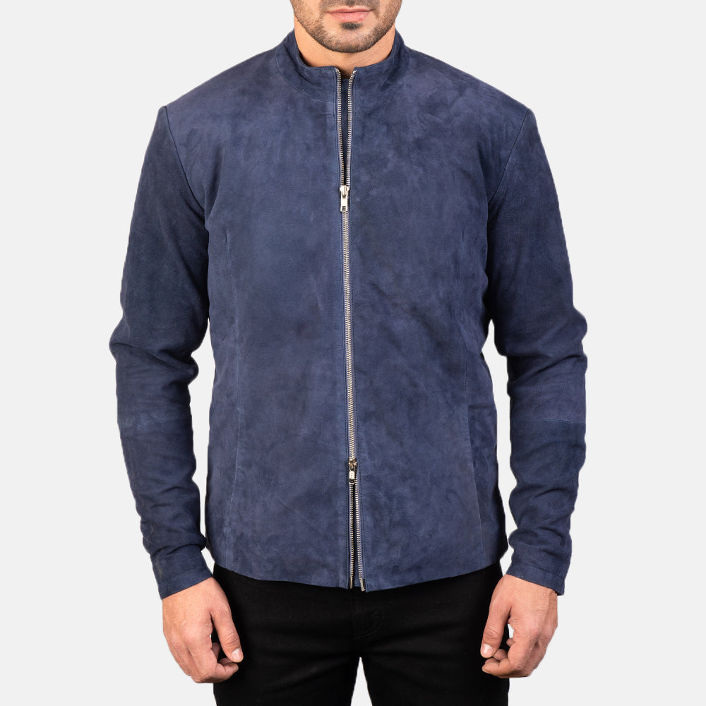 Close-Up Detail of Mandarin &amp; Zipper with Dual Puller Hardware on Men's Charcoal Navy Blauw Suede Leren Bikerjack voor Heren