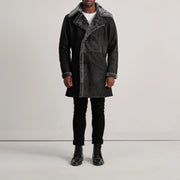 
Charles Brown Suede Leather Shearling Double-Breasted Coat - Zijaanzicht met ergonomische mouwsnede