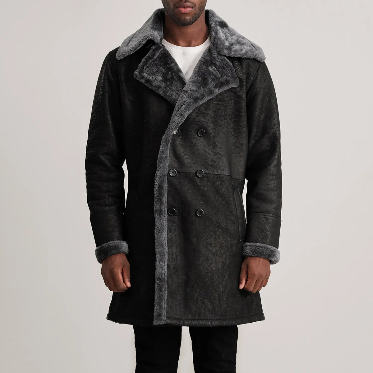 
Detailopname of Notch & Button Hardware on Charles Brown Suede Leather Shearling Double-Breasted Coat