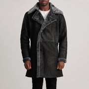 
Detailopname of Notch & Button Hardware on Charles Brown Suede Leather Shearling Double-Breasted Coat