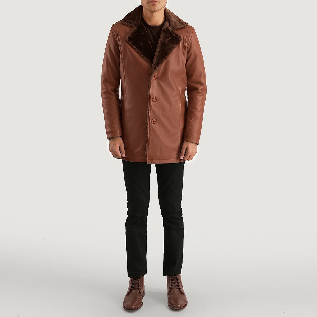 Cinnamon Bruin Leather Fur Leren Jas voor Heren - Lateral Side Profile View Showing Sleeve Cut &amp; Athletic Taper Fit