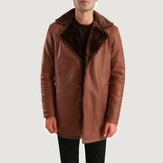 Close-Up Detail of Shirt &amp; Button Hardware on Cinnamon Bruin Leather Fur Leren Jas voor Heren