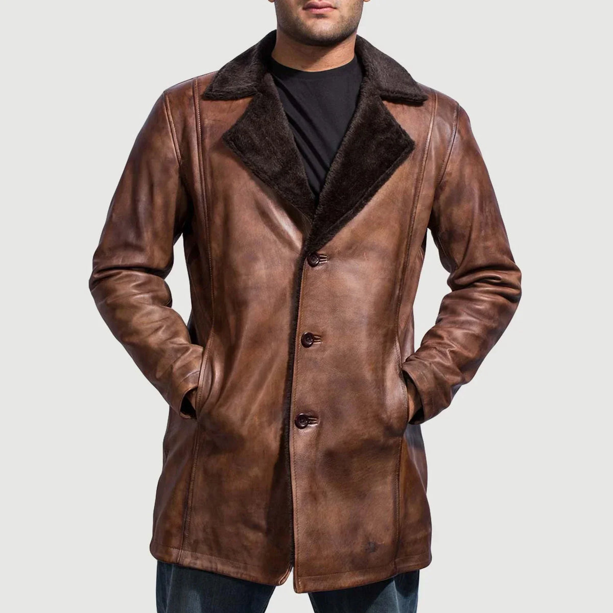 Men's Cinnamon Distressed Leather Fur Leren Jas voor Heren - Lateral Side Profile View Showing Sleeve Cut &amp; Athletic Taper Fit