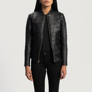 Women's Cityscape Zwart Leren Bikerjack voor Dames - Lateral Side Profile View Showing Sleeve Cut &amp; Athletic Taper Fit