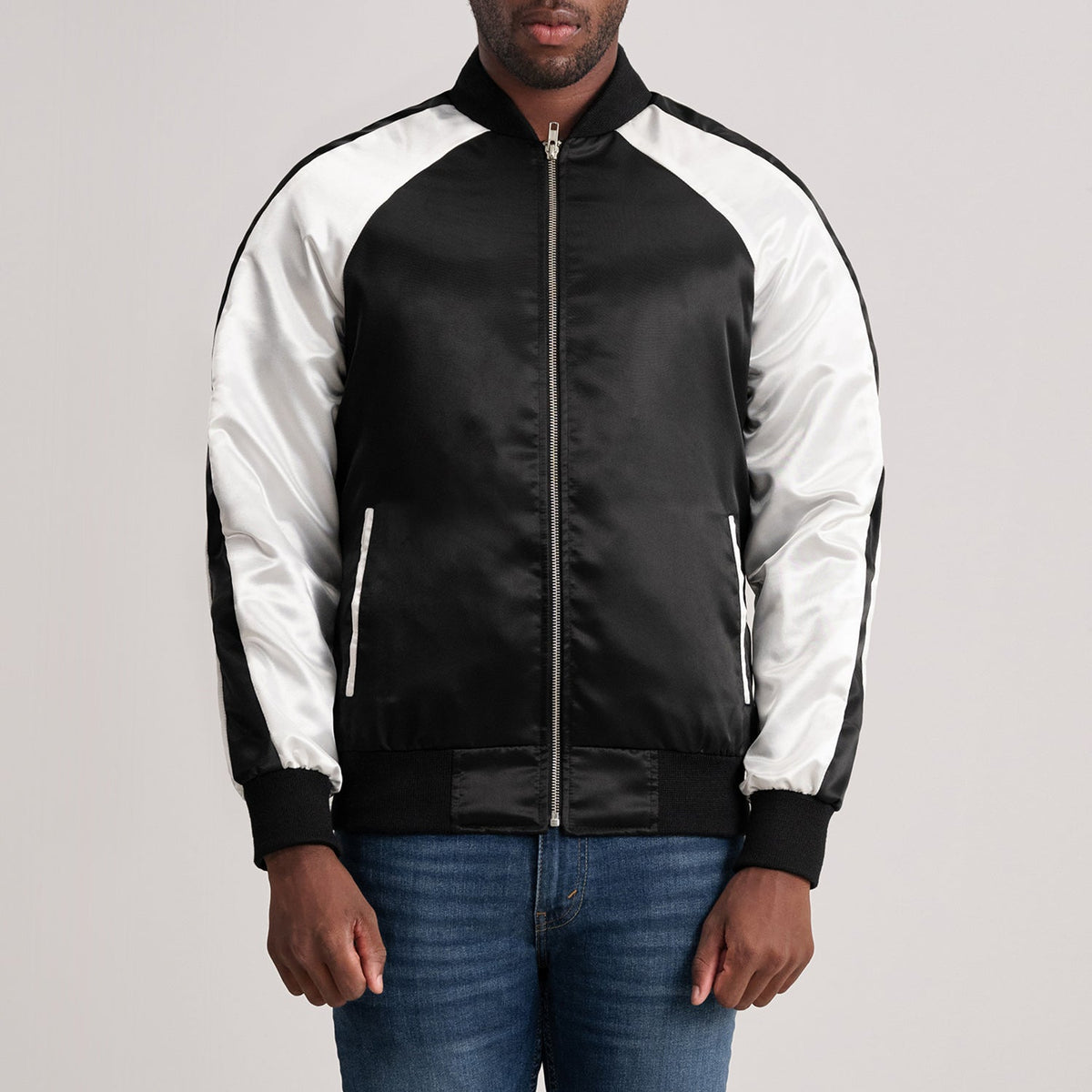 Clarke Zwart Varsity Leren Jas voor Heren in Black &amp; White Satin - Front Profile View &amp; Tailored Silhouette | Buy Online