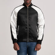 Clarke Zwart Varsity Leren Jas voor Heren in Black &amp; White Satin - Front Profile View &amp; Tailored Silhouette | Buy Online