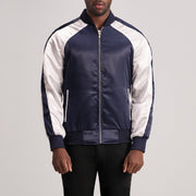 Clarke Blauw Varsity Leren Jas voor Heren in Blue &amp; White Satin - Front Profile View &amp; Tailored Silhouette | Buy Online