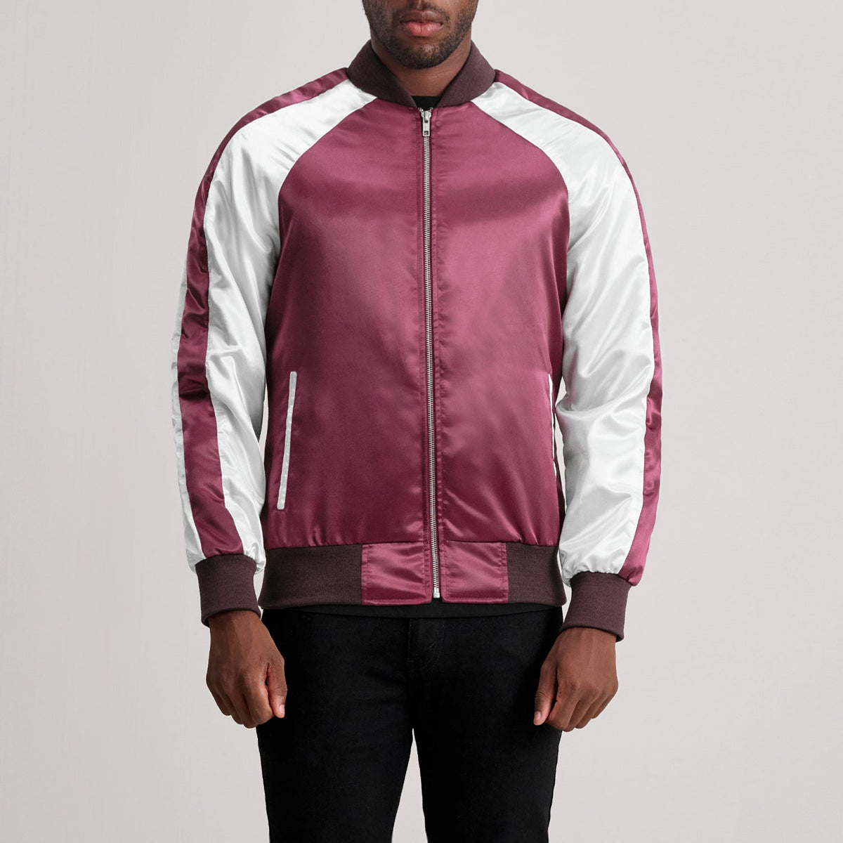 Clarke Kastanjebruin Varsity Leren Jas voor Heren in Maroon &amp; White Satin - Front Profile View &amp; Tailored Silhouette | Buy Online